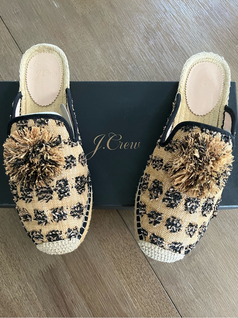 J. Crew Black/Natural Raffia Pompom Espadrille Slip-Ons 8.5